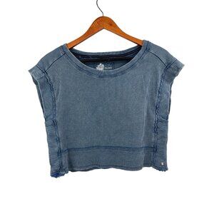 PILCRO Women's Blue Boxy Cap Sleeve Ribbed Top Small